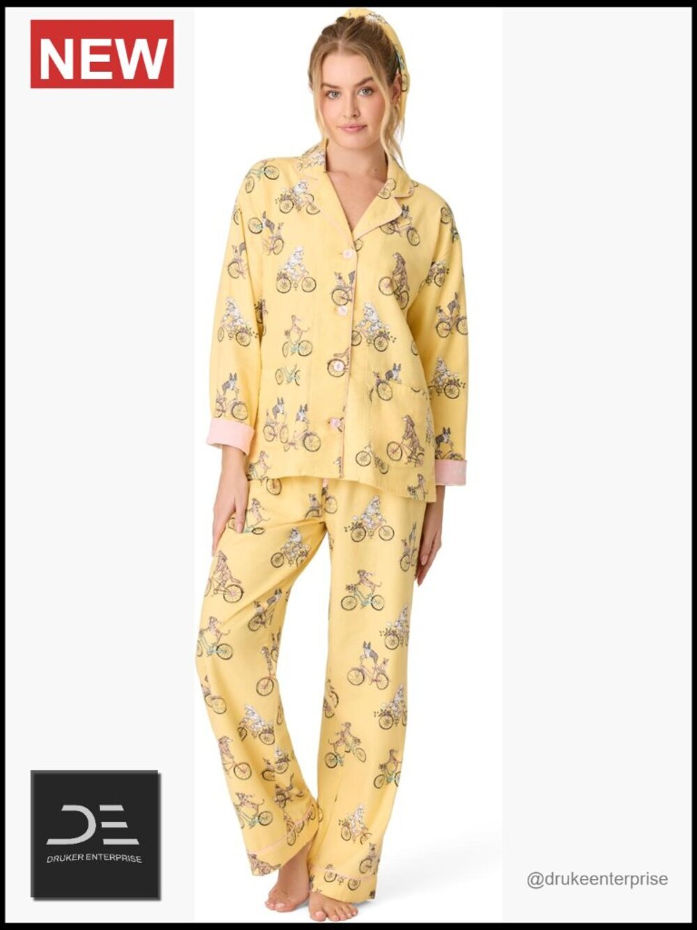 3-Piece Cotton Flannel Pajama Set Long Sleeve Button-Up Shirt Pants Headband